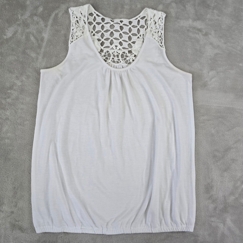 Boho White Crochet‎ Lace Back Bubble Hem Tank Top Sleeveless Shirt Medium